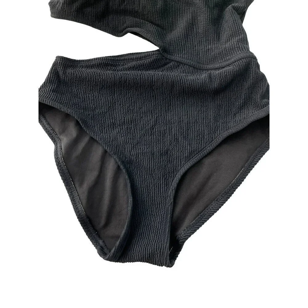 Michael Kors Black One-Shoulder Bathing Suit Ribbed Swimsuit Size 14 NWT